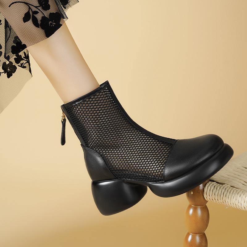 Real soft leather mesh short boots thick-soled hollow women's shoes 2025 new boots thin breathable soft-soled mesh boots A15