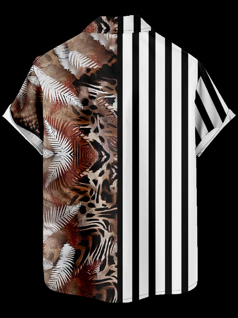 [Print Design - Not Texture] 1pc Men'S Print Short Sleeve Shirt - Tropical Palm Leaf And Striped Contrast Design, Summer Casual Outdoor Wear, Ideal