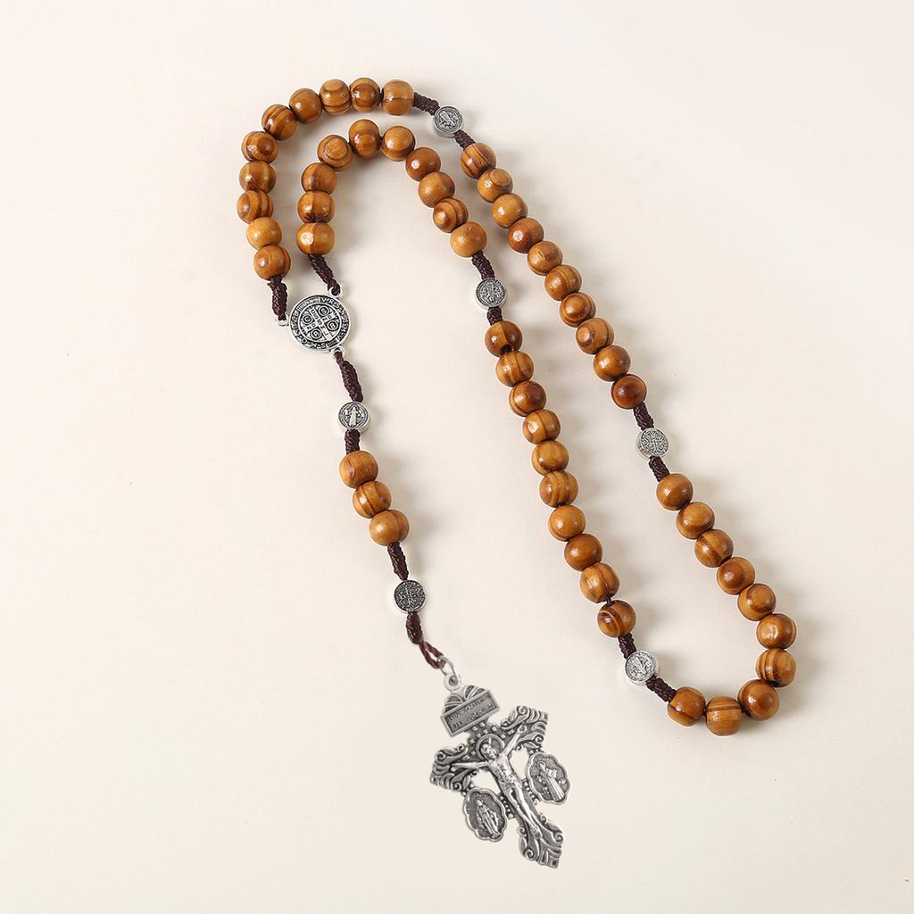 Braided Wood Beads Chain Rosary Necklace with Pardon Crucifix Crosses Medals Pendant Christians Religious Communion Gift