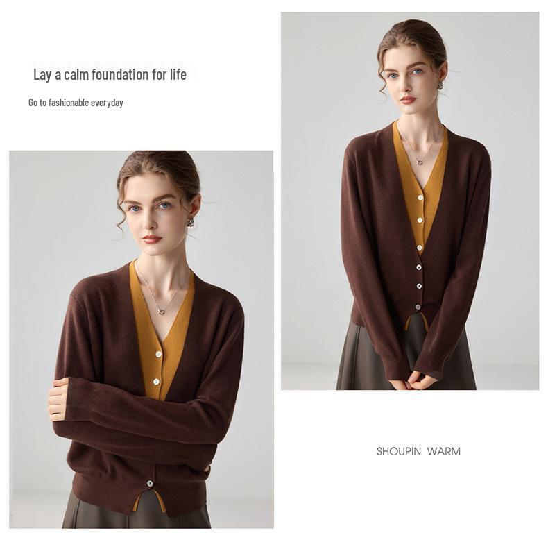 Women's 100% Wool V-Neck Two-Piece Cardigan Sweater – Autumn Loose Knit, Long Sleeve, Versatile Top