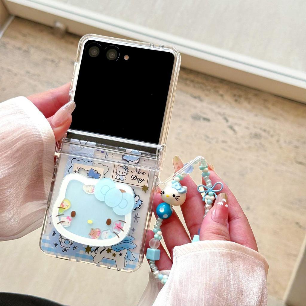 Capa Cartoon Gato KT para Z Flip, Tela Dobrável, à Prova de Queda, Capa Protetora Criativa para Mulheres com Pulseira