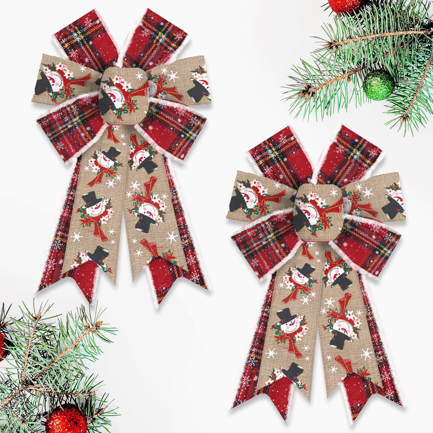 

2pcs Snowman Christmas Bows 8.46 X 12.99 Inch Red Beige Wired Craft Bows for Wreath Tree Topper Front Door Indoor Decor 12.99 x 8.46 in