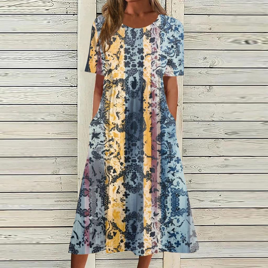 Damen-Freizeitkleider, bedruckte Kleider, Sommerkleider, bedruckt, plissiert, Rundhals-Midi-Kleider, Basic, klassisch, Outdoor, täglich, kurzärmelig, lockere Kleider