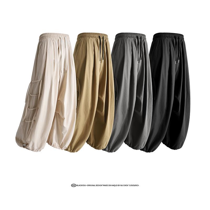 Men's Khaki Drawstring Waist Balloon Pants Casual Streetwear Baggy Cargo Pants