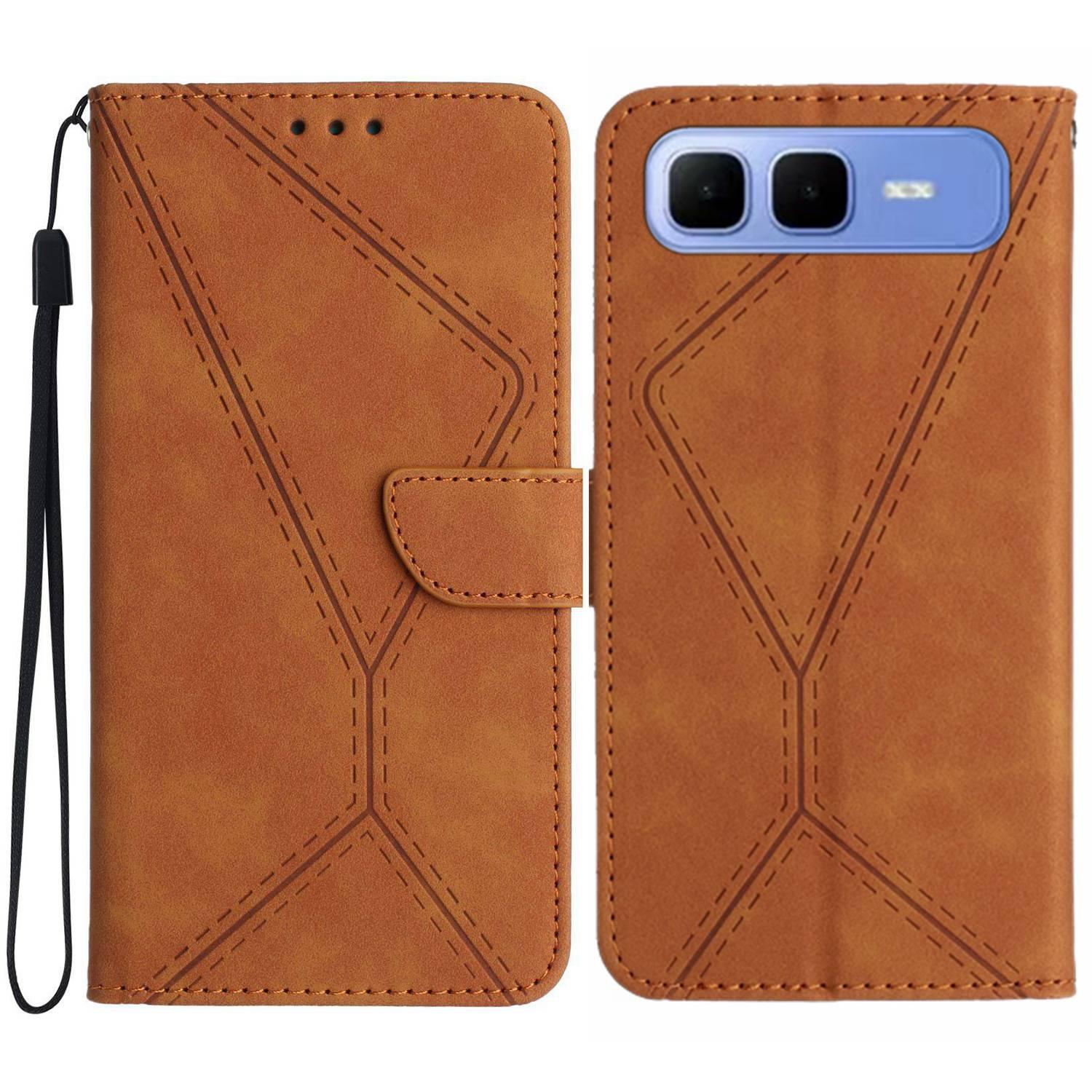 

For Infinix Smart 10 Plus Case Skin Touch Lines Imprinted PU Leather Flip Phone Cover Brown