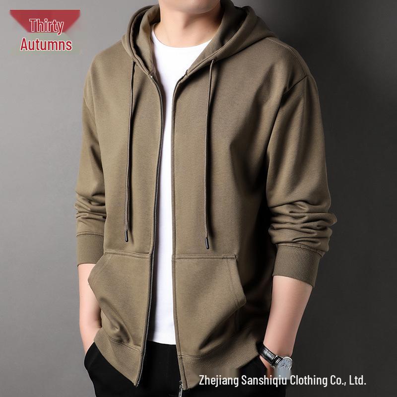Manzibo Basic Solid Color Zipper Hoodie, Middle-Aged Loose Fit, 330g Fabric