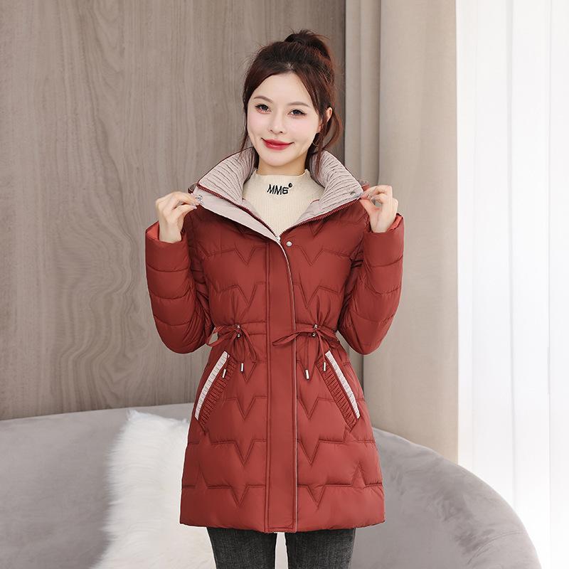 Winter new cotton-padded clothes women's medium and long slim-fitting thickened cotton-padded clothes hooded waist with down cotton-padded jacket
