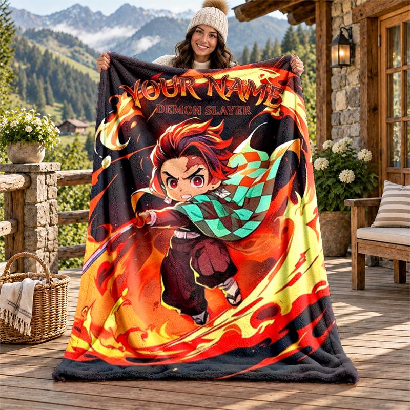 Akaza Demon Slayer Custom Name Flannel Blanket Personalized Soft Warm Plush Throw Blanket Customized Gift for Family Friends
