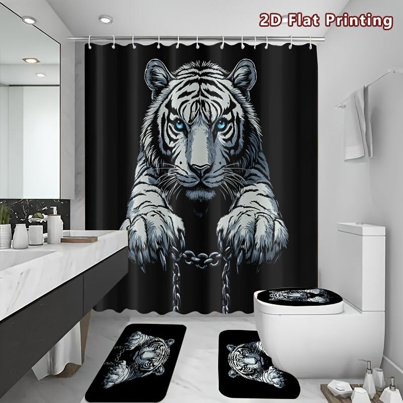 4Pcs Captive Tiger Shower Curtain Set with Non-Slip Bath Mat, Toilet Lid Cover, Contour Rug & 12 Hooks, Bathroom Decor