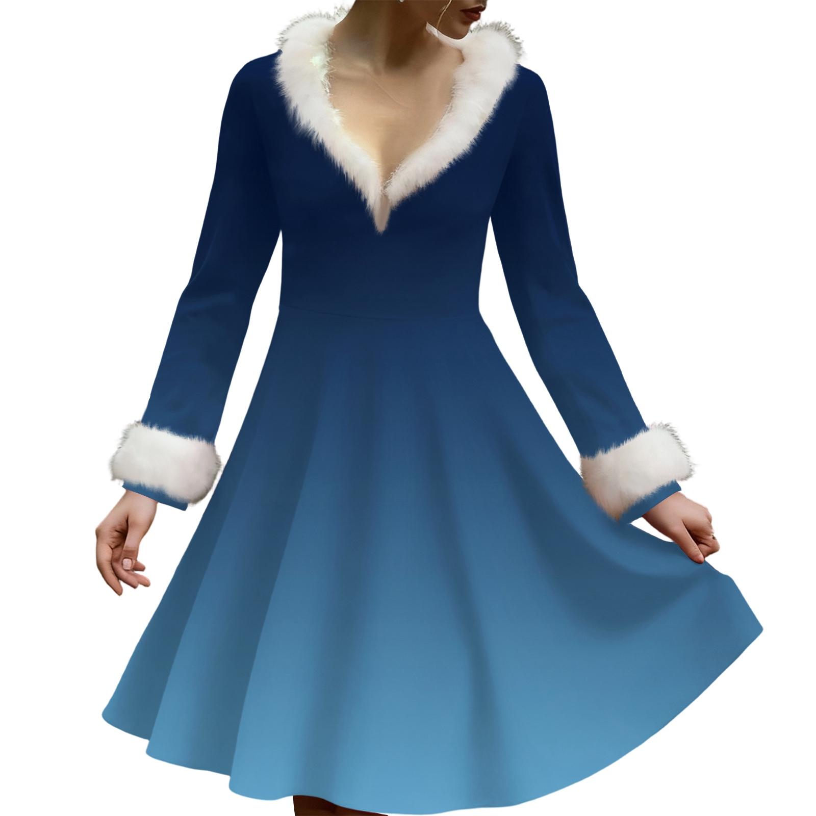 

Women s Casual V-neck Christmas Print Plush Long-Sleeve Casual Dress S