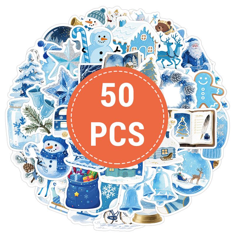 

50 ШТ. Синие Наклейки на Зимнюю Тему Синие Рождественские Наклейки Санта Клаус Снеговик Рождественские Декали Виниловая Водонепроницаемая Наклейка для Скрапбукинга