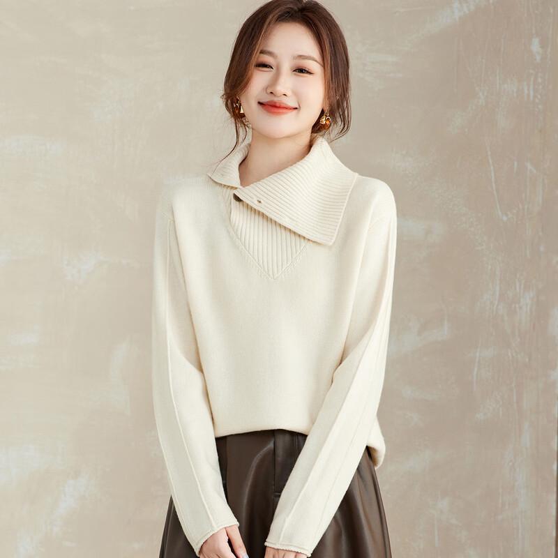 Women's 100% Wool Loose Fit Ribbed Slanted Placket Sweater