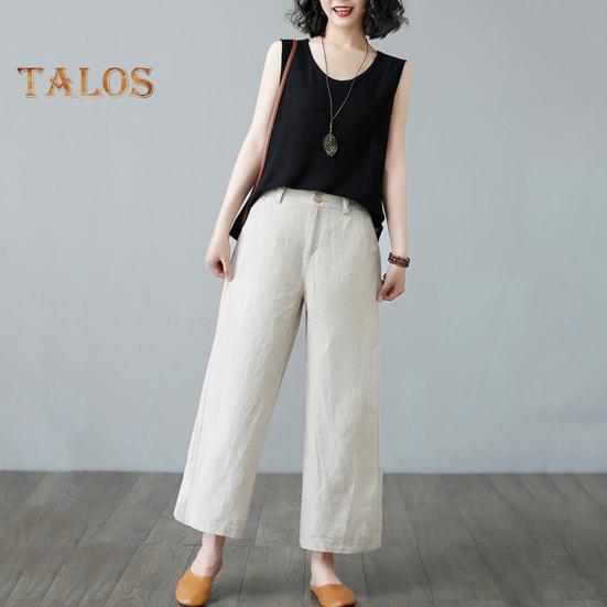 Women Casual Pants Elastic High Waist Buttons Zipper Fly Long Trousers with Pockets Solid Color Straight Wide Leg Slacks Daily Wear