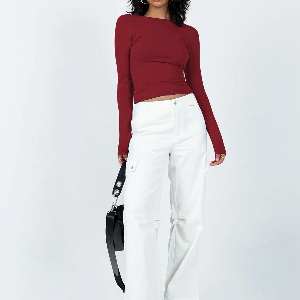 Streetwear Oneck Slim Outfits Women Long Sleeve Backless Tshirts Cropped Tops Solid Color