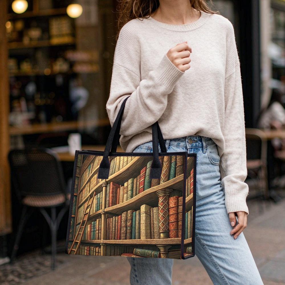 Vintage Library Book Shelf Print Tote Bag Casual Large Capacity Daily Shoulder Bag for Book Lovers