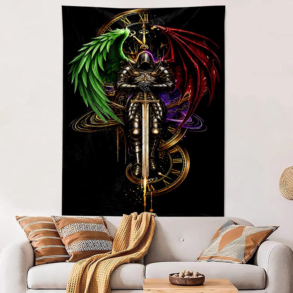 Vertical Tapestry Knight Armor Angel Demon Wings Clock Gothic Sword Wall Hanging