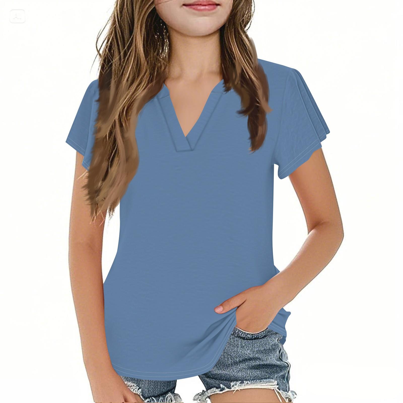

Summer Children s Cute And Casual Fashion Short-Sleeved V-Neck Solid-Color Girls Top 110