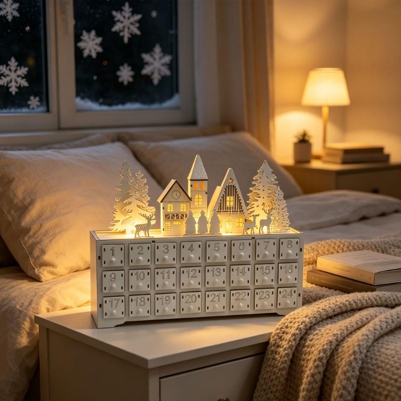 Freestanding Wooden Advent Calendar, 24 Numbered Drawers with Christmas Village Artwork for Shelf Counter Cabinet Display and Daily Opening