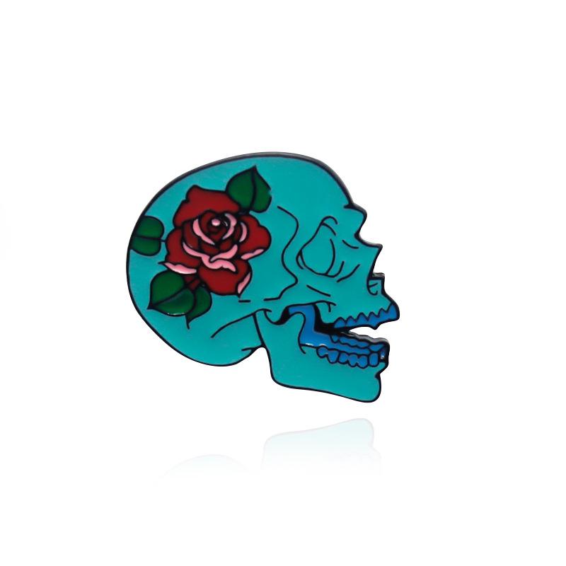 Trendy Punk Skull Brooch with Blooming Flowers Design