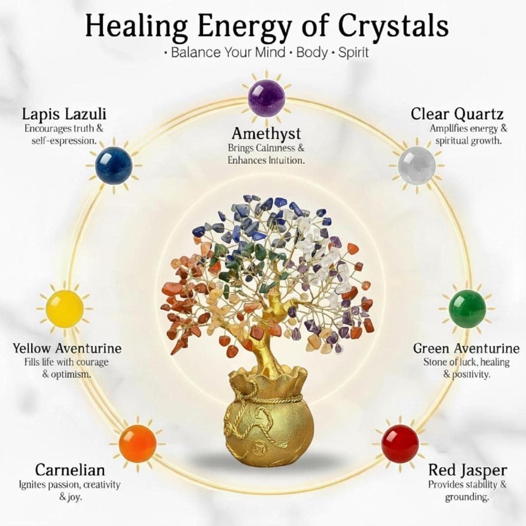 Feng Shui 7 Chakra Crystal Tree with Golden Money Bag Base/Natural Gemstone Decorative Showpiece Bonsai Tree for Home & Office Decor