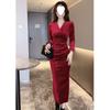 Light luxury sequined velvet black dress autumn new V-neck long-sleeved slim and thin medium and long dress women