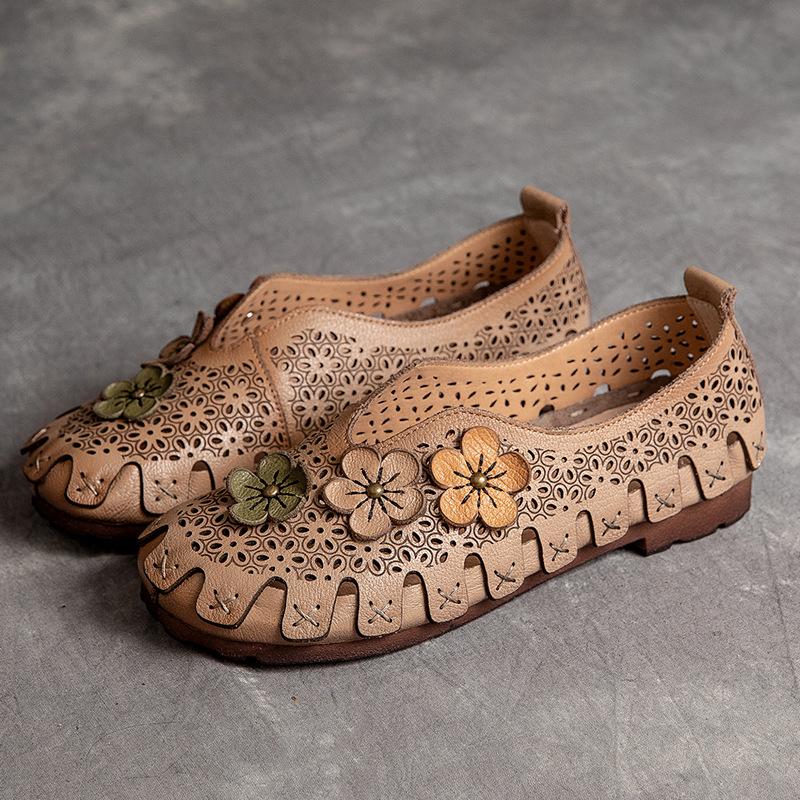 Fashion GKTINOO Women Loafers Genuine Leather Slip on Flowers Handmade Sneakers Ladies Shoes Comfy Fashion Summer Sandals Hollow Flats