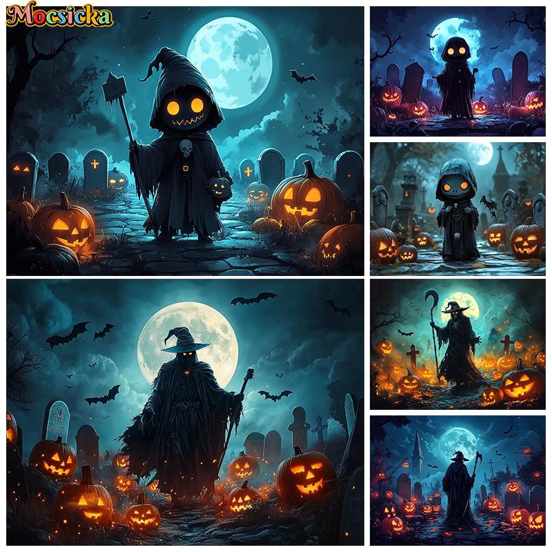 Mocsicka Halloween Backdrop Photography Baby Wizard Photo Backgrounds Night Moon Cemetery Ghost Pumpkin Party Decorations Banner