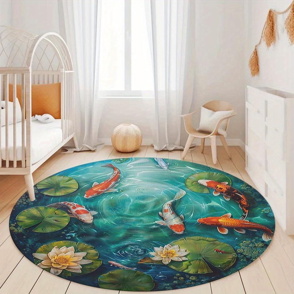 1pc Non-Slip Polyester Koi Fish Round Area Rug - Indoor Crystal Velvet Floor Mat 0.45cm Thickness for Living Room, Bedroom, Home