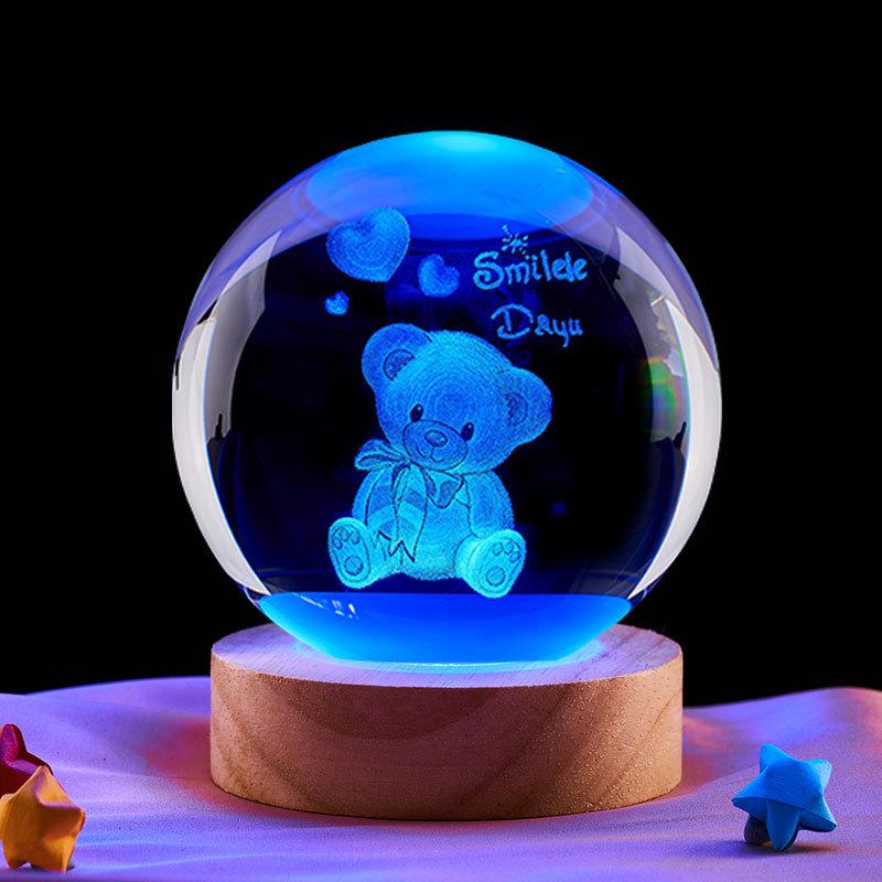 Luminous Teddy Bear Crystal Ball Night Light with Wooden Base - Creative Desktop Decoration Gift.