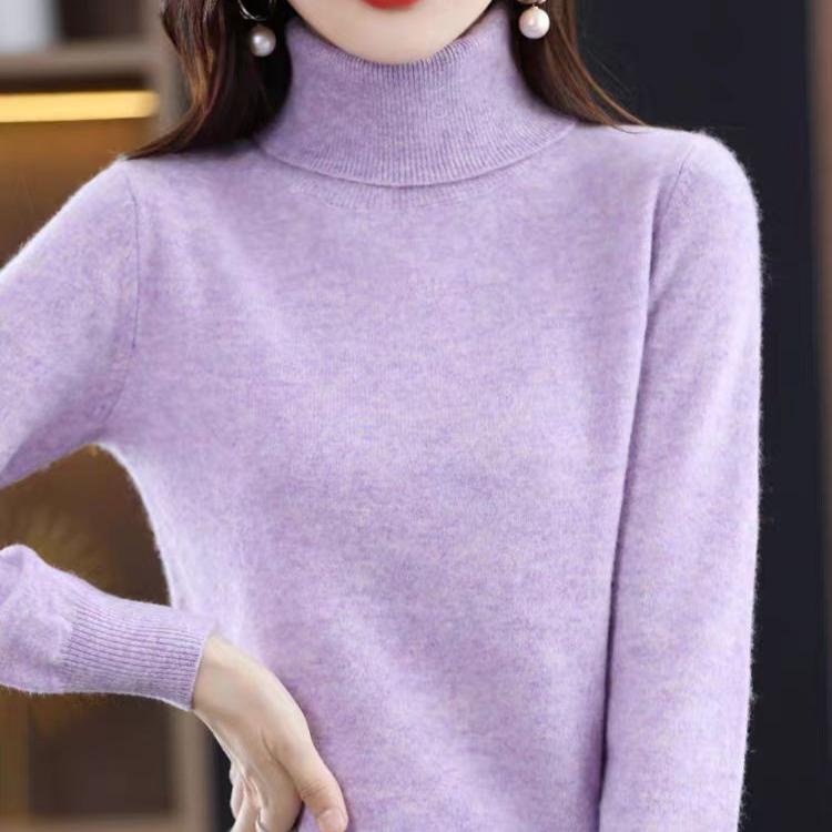 Turtleneck Cashmere Sweater for Women's Spring Autumn and Winter Casual Long-sleeved Pullover Solid-color Knitted Sweater and Slim Lapel Top