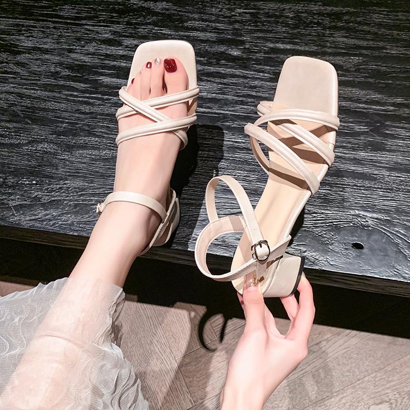 Fashion Women's Sandals Summer Footwear High Heels Luxury Designer Shoes Block Heel Low and Elegant Casual Medium Dresses On Offer Black