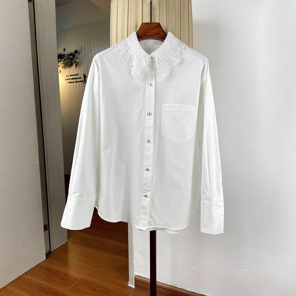 Women's Mid-Length White Cotton Shirt with Heavy Embroidered Petal Lace Collar, Long Sleeves, Loose Fit Covering Belly and Hips
