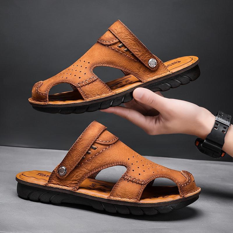 Cool Slippers Men'S Outdoor Fashion Cowhide Beach Shoes Breathable Bag Head Hole Shoes