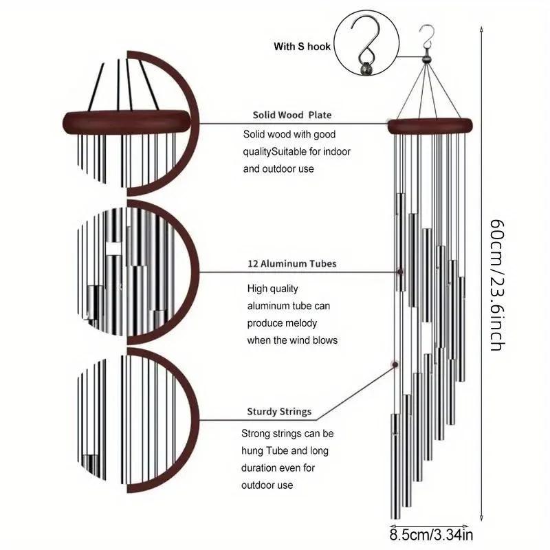 12 Tubes Rotating Solid Wood Aluminum Pipe Wind Chime Waterproof 12 Pipe Classic Matching Music Wind Chime Home Decoration