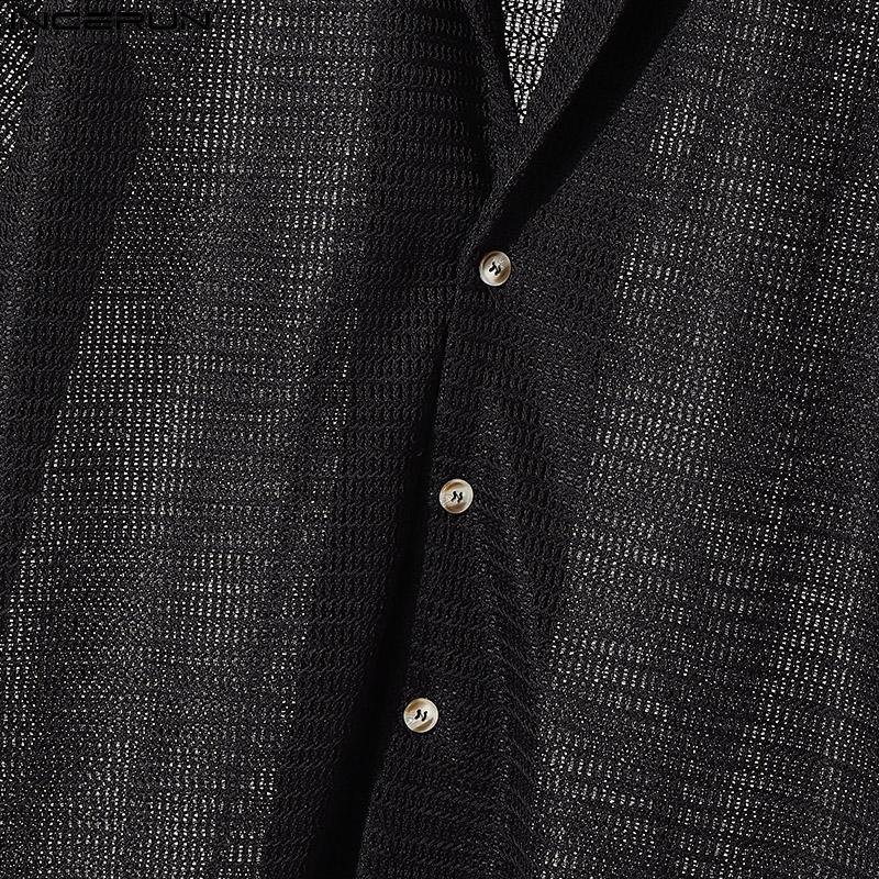 INCERUN Plus SIze Men Short Sleeve Solid Hollow Out Casual Texture Shirts
