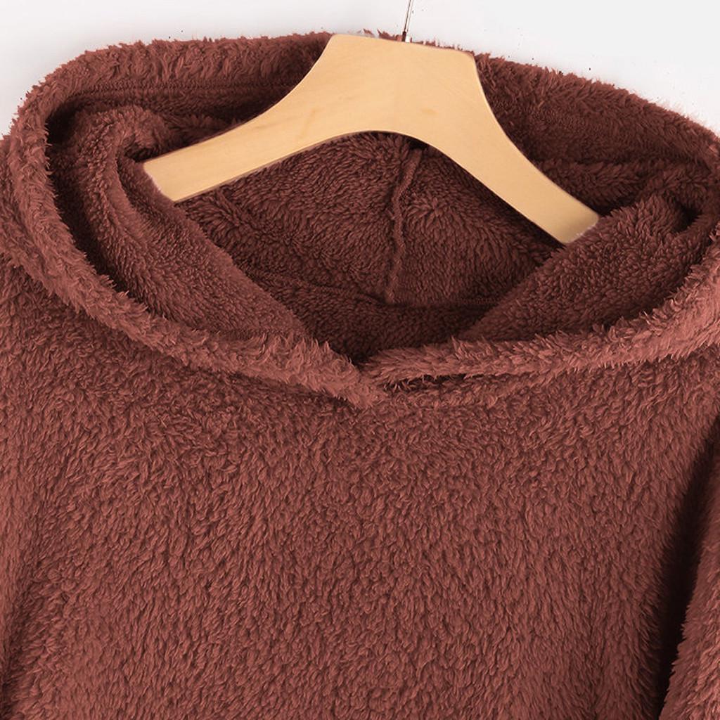 Women Fleece Patchwork Plush Button Hem Plus Size Hoodie Top Sweater Blouse