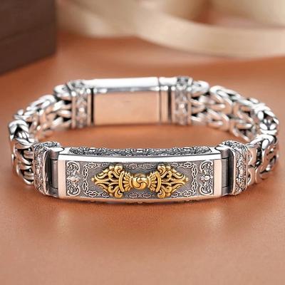 Retro Trendy Men's Bracelet Silver Trendy Creative Handmade Jewelry Diamond Rod Peace Pattern Chain