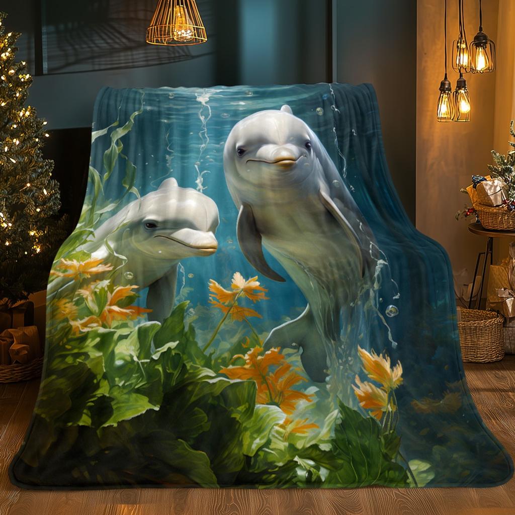Dolphins Underwater HD Printed Blanket - Ultra-Soft Flannel Plush Bedspread with Realistic Dolphin & Marine Life (Dolphins, Fish