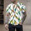 Men Plus Size Round Neck Short Sleeve Blue Yellow Tropical Leaf Printed T Shirt