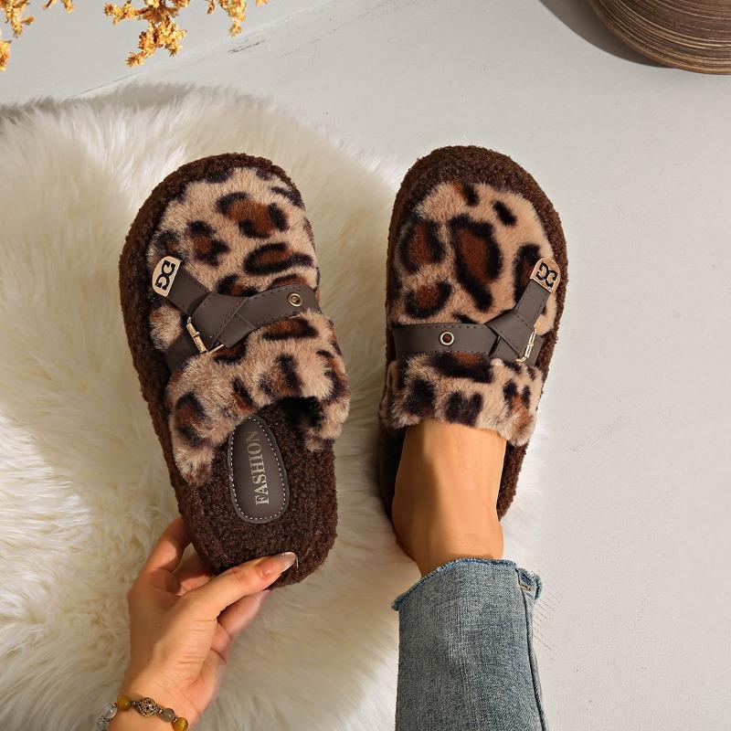 Autumn thick-soled cotton slippers fluffy slippers women's autumn and winter new feeling leopard print outer wear plush bag head slippers