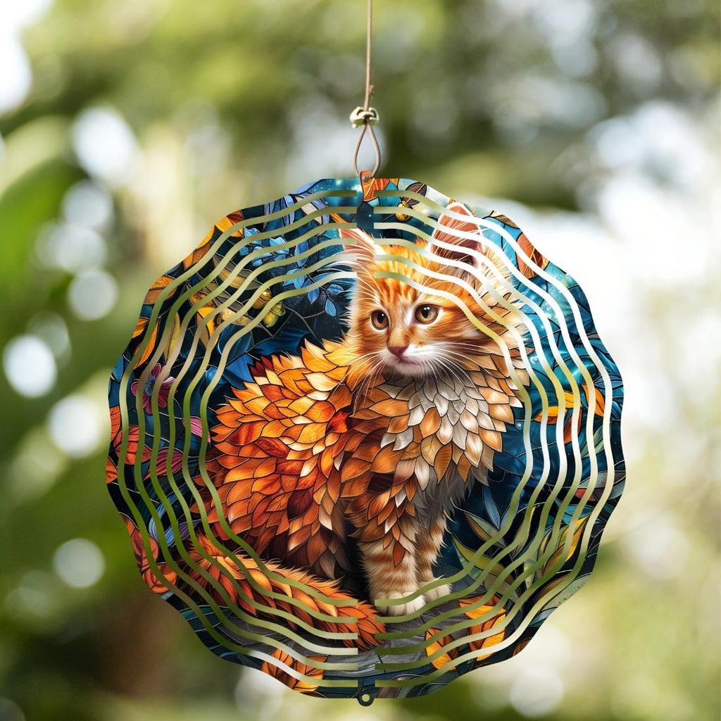 2D Orange Katze Kinetischer Windspinner - Metall Hängende Skulptur Kunst Dekor für Garten, Terrasse und Balkon, Kein Strom oder Batterie benötigt