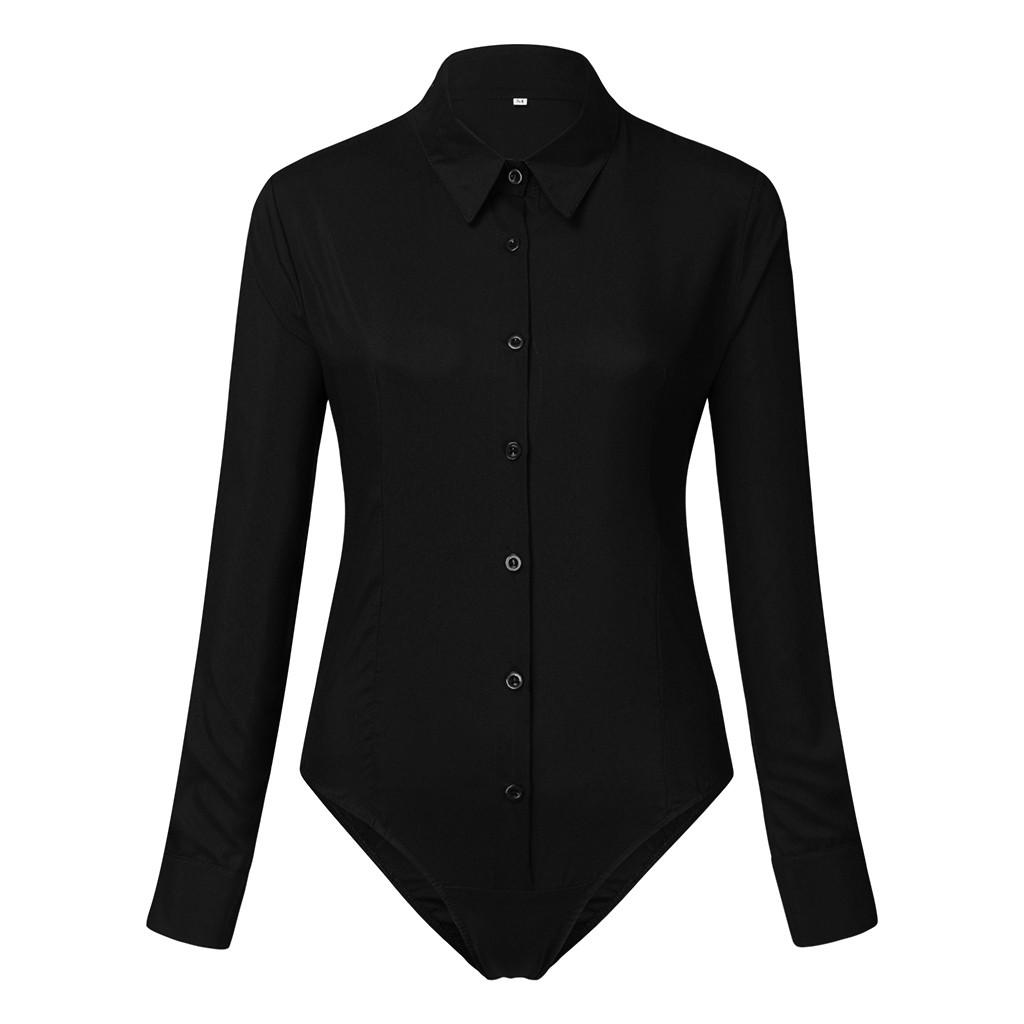 Women's Career Slim Bodysuits Long Sleeve Button Shirts Briefs Jumpsuits