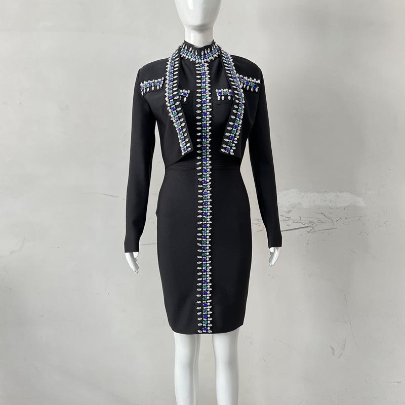Black Rhinestone Long Sleeve Bandage Top and Short Jacket Evening Dress