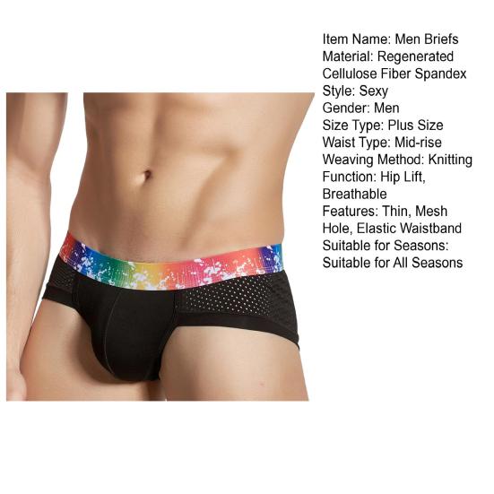 Men Briefs Soft Breathable Mesh 3D Pouch Elastic Fabric Panties Rainbow Waistband U-Convex Sport Underwear Daily