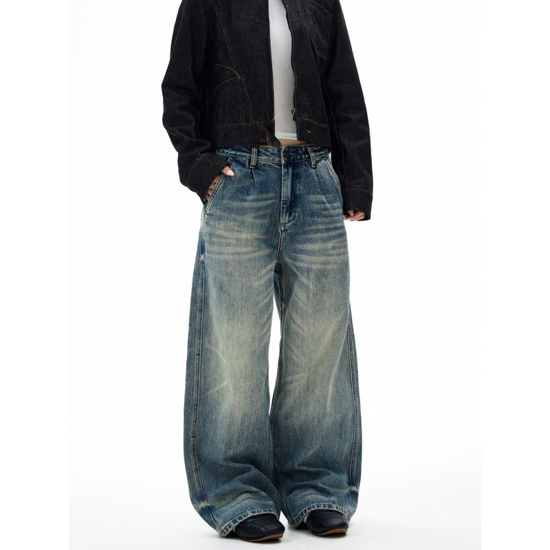 Kisko American Retro Double-Pleated Washed Whiskered Commuter Jeans Unisex Trendy Brand Cleanfit Loose Pants