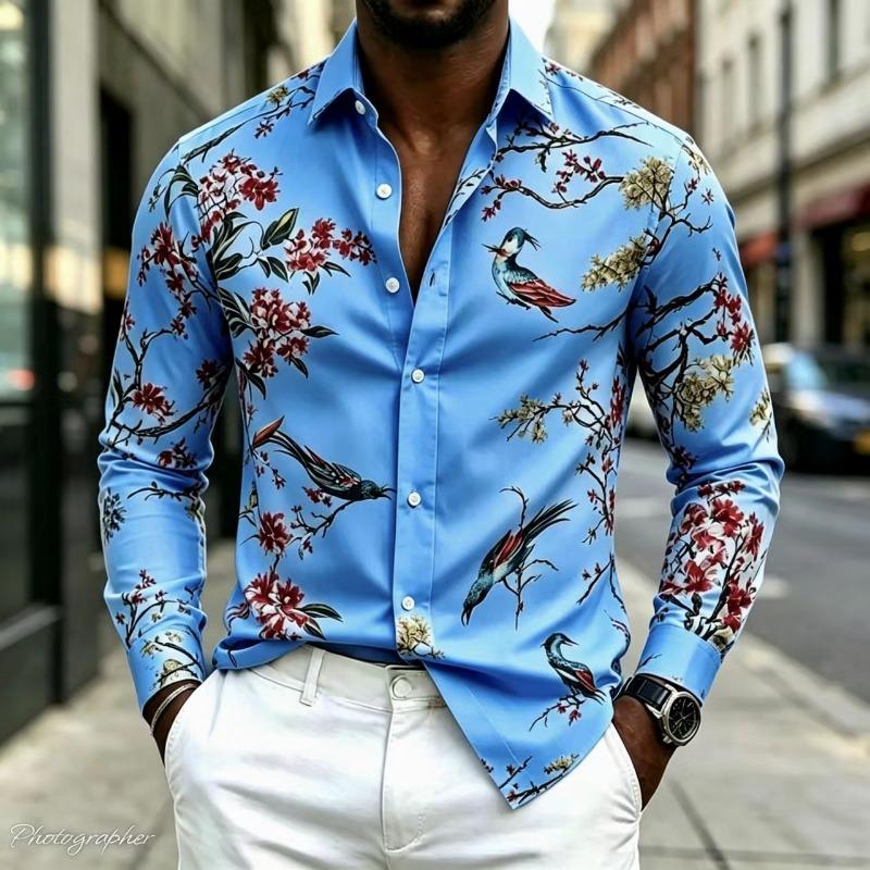 New Men's Shirt Collar Long Sleeved Printed Shirt Street Style Elegant Men's Casual Fashion Top, Comfortable, 17 Colors