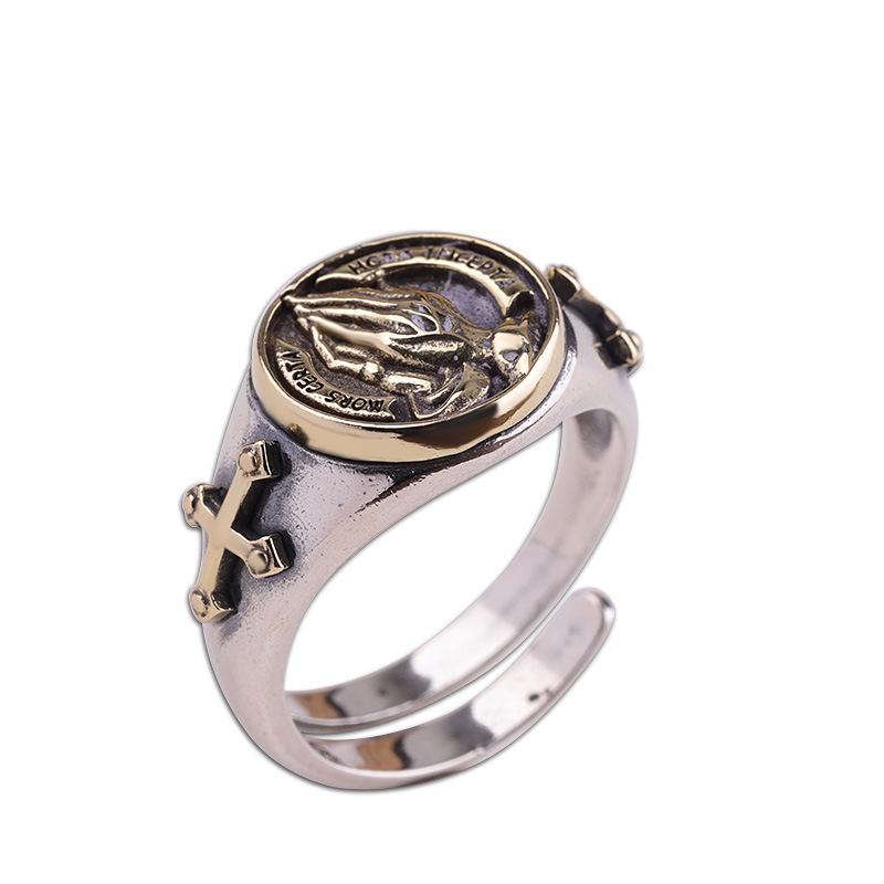 

Унисекс кольцо в стиле ретро «Молящиеся руки» - Окисленное серебро 925 пробы, тайское серебро Adjustable Opening