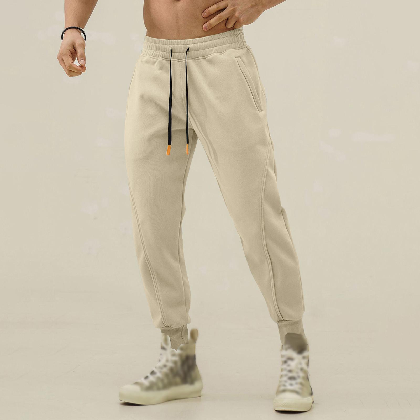 

Весенние и осенние спортивные однотонные брюки для фитнеса, мужские свободные повседневные спортивные штаны большого размера из хлопка L бежевый