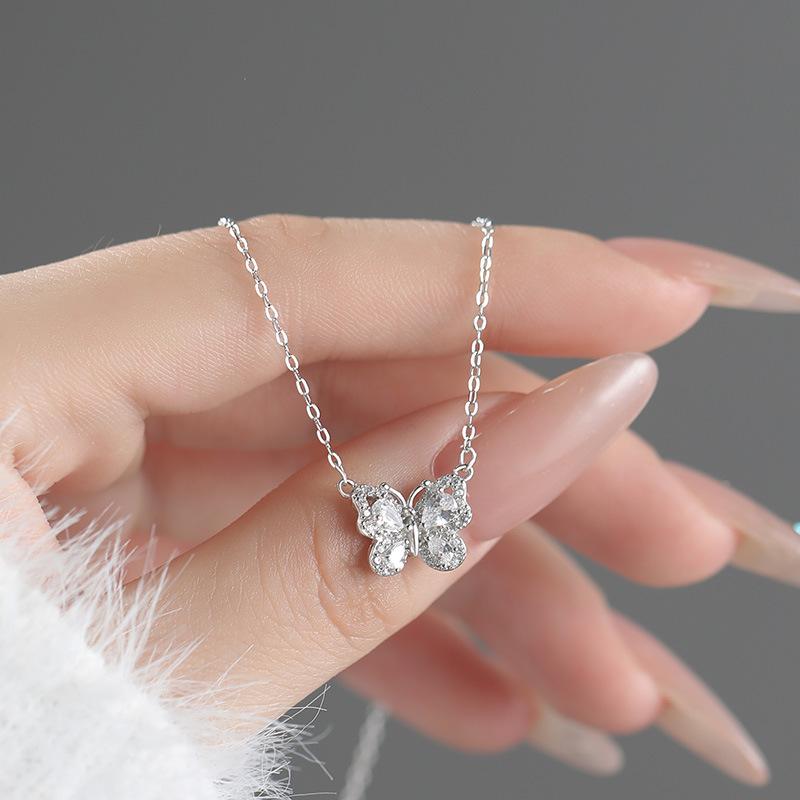 S999 Sterling Silver Butterfly Necklace Women Cubic Zirconia Fine Jewelry Necklaces Anti Tarnish Romantic Gift