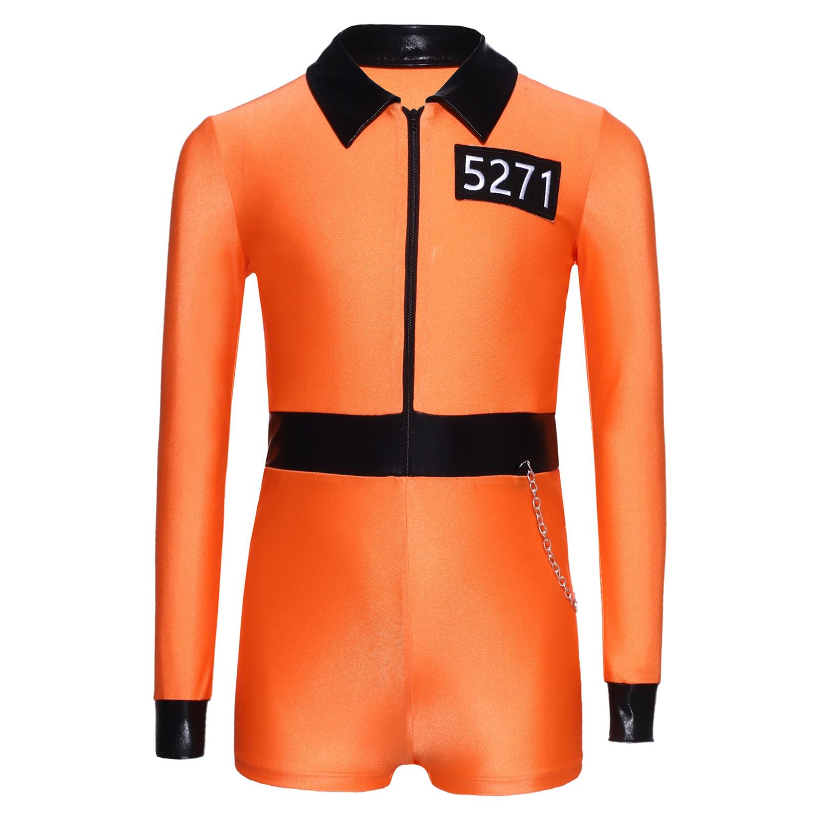 Kids Girls Prisoner Jailbird Prison Criminal Pilot Halloween Cosplay Costume Back Cut Crotch Press Buttons Leotards Jumpsuit 6